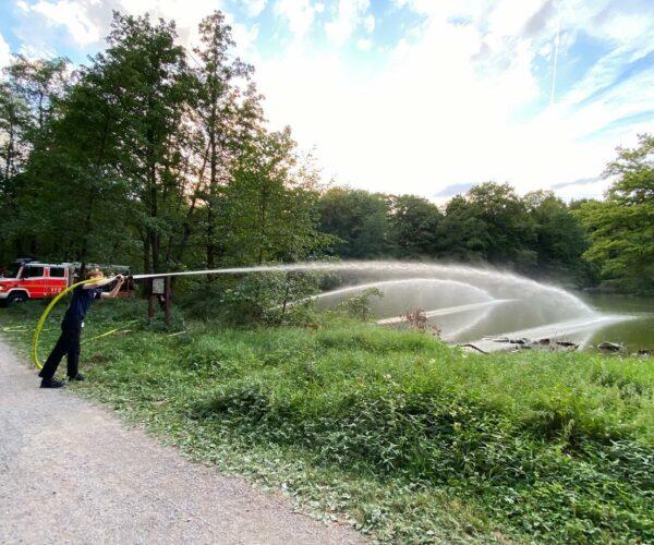 Feuerwehr Aschaffenburg spritzt Frischwasser in den Fasaneriesee